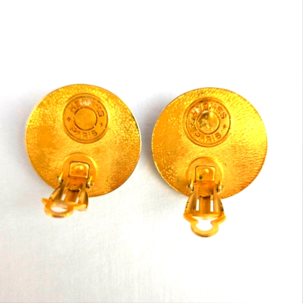 HERMES Leather Gold Tone Clip-on Earrings Excellent - Picture 3 of 9